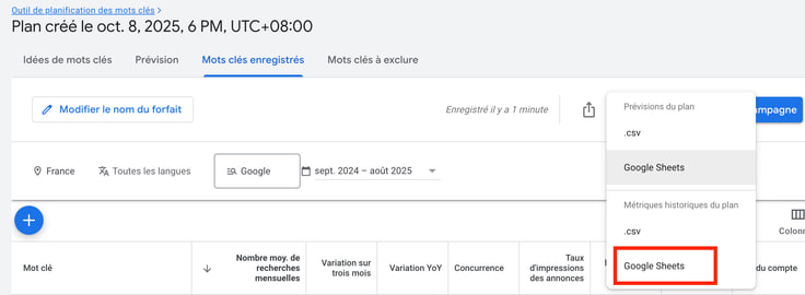 Comment exporter vos mots cles du keyword planner vers Google Sheets