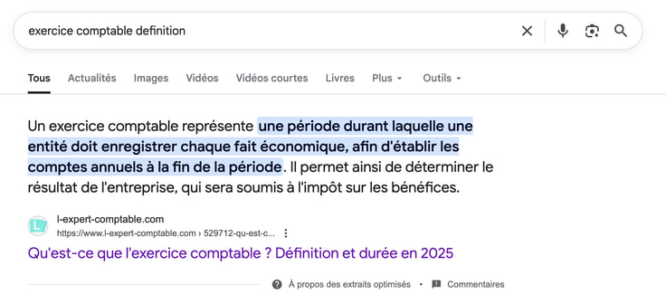 Position Zero sur Google pour le mot-clé exercice comptable definition