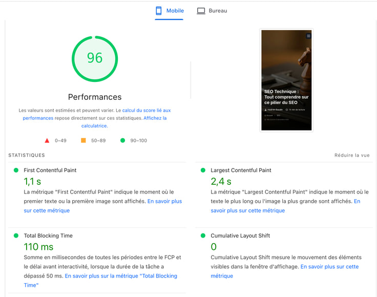Screenshot LCP page speed insights hadrienbaudin.fr