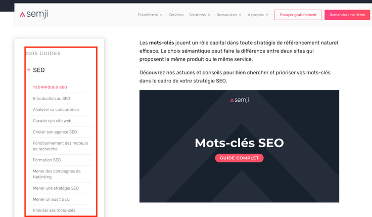 Image du Menu lateral du site internet semji.fr dans sa partie sur les guides pour le SEO